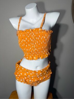 Source Unknown Orange Floral Smocked Bikini Set